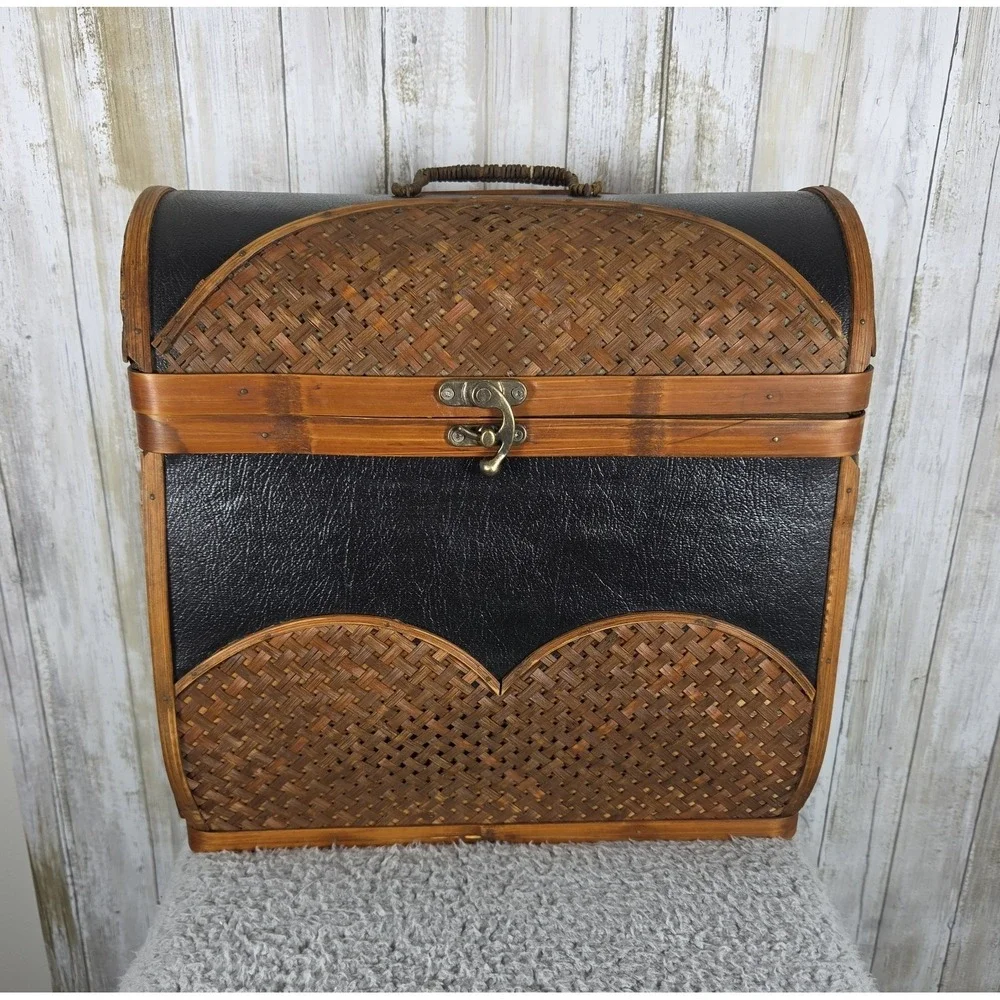 Vtg Woven Rattan and Wood Storage Case/Trunk Brown w Black Leather 14x14x7 Boho
